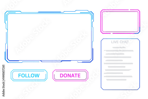 Stream overlay design featuring donation and follow buttons along with a live chat box for online gaming