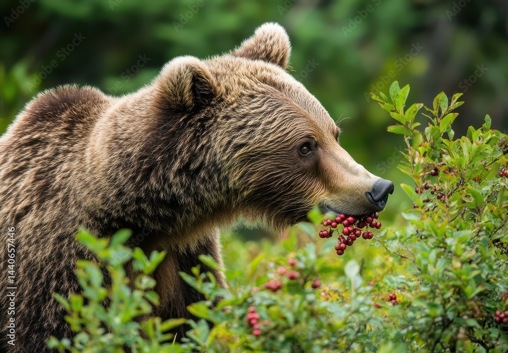 Obraz premium Grizzly bear munching on berries in a lush green forest, showcasing wildlife, nature's beauty, and the rich flora and fauna of North America in detail
