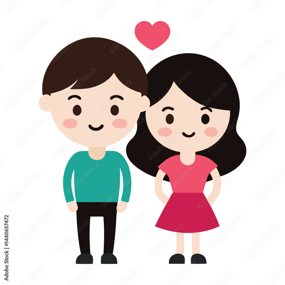 Cute cartoon couple illustration standing together under a floating pink heart Cute cartoon couple illustration standing together under a floating pink heart