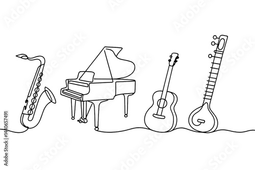 Musical instruments drawn in continuous line style showcasing variety and artistry in minimalist design