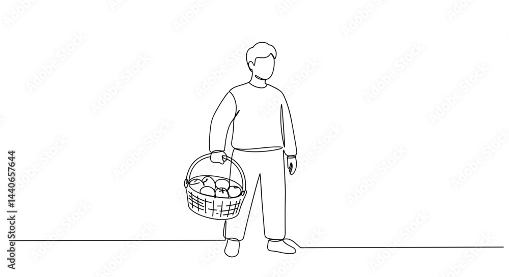 Fototapeta premium Simple line drawing of a person carrying a basket of fruits