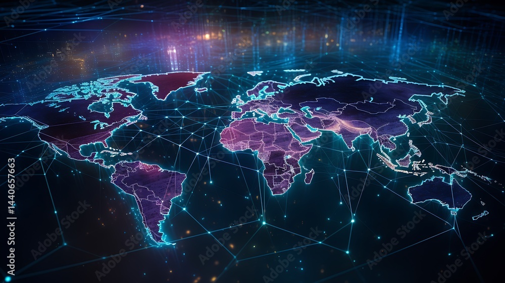 Digital world map with global network connections high tech communication Digital world map with global network connections high tech communication