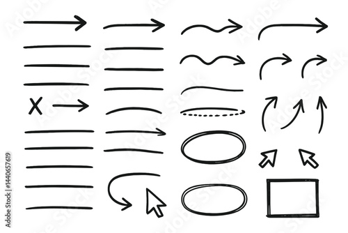 Various hand-drawn arrows and shapes on a white background for design inspiration in creative projects