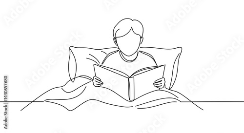 Line drawing of a child reading a book in bed  
