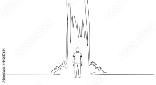 Contemplative figure standing before abstract waterfall design  