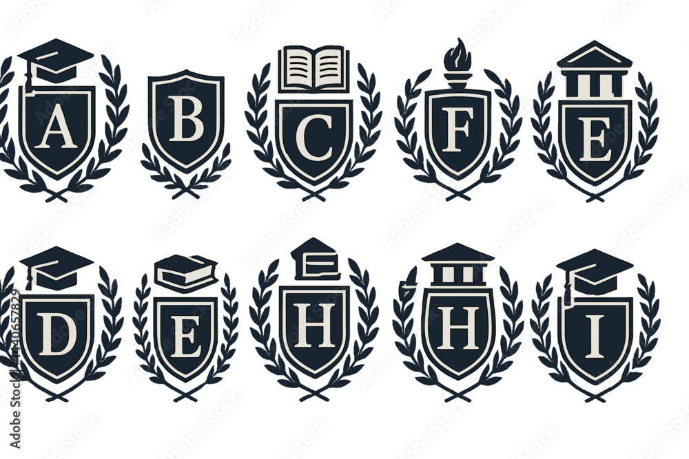 Obraz premium Various educational emblems featuring books, graduation caps, and symbolic icons representing learning and achievement