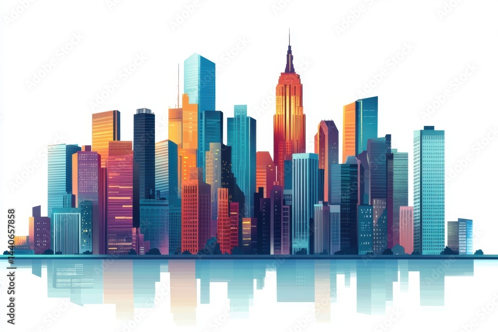 Fototapeta premium Colorful cityscape art illustration on white background on transparent background