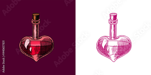 Love potion for young witches in school of magic. Halloween witchcraft and sorcery thing magician and voodoo hand drawn engraved 