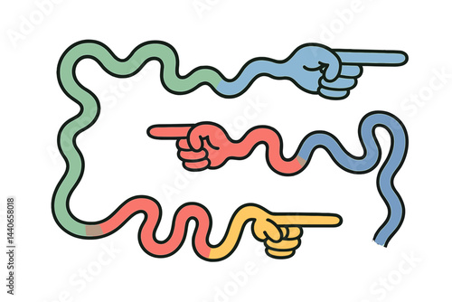 Colorful abstract hands pointing in different directions, showcasing creativity and design in a playful manner