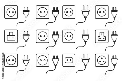 Various types of electrical plugs and sockets arranged in a grid pattern on a plain background showcasing diverse designs across regions