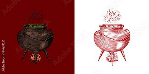 Witch cauldron for magic rituals or tarot deck, book, or prediction. Halloween witchcraft and sorcery thing magician and voodoo hand drawn engraved 