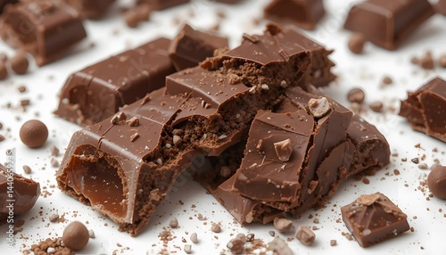 Wallpaper Mural Photorealistic close-up of chocolate bar broken into pieces, rich brown tones, sharp texture detail, isolated, no text, no packaging Torontodigital.ca