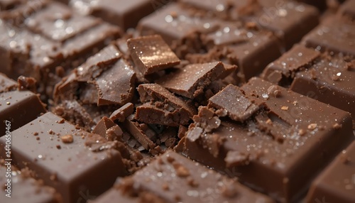 Wallpaper Mural Photorealistic close-up of chocolate bar broken into pieces, rich brown tones, sharp texture detail, isolated, no text, no packaging Torontodigital.ca