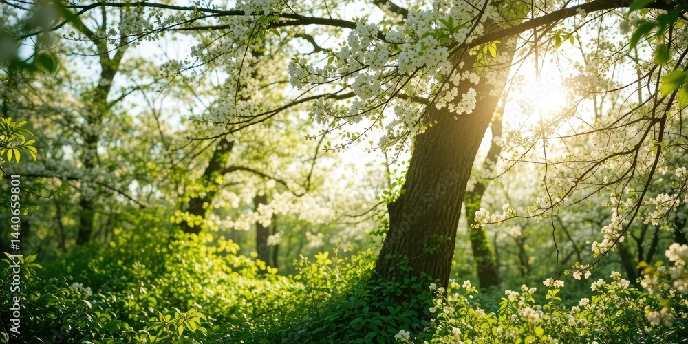 Fototapeta premium Spring Sunlight in Blooming Forest - Serene Atmosphere