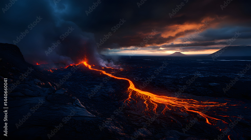 Fototapeta premium Lava streaming down from a volcano, winding through a desolate rocky landscape with darkened skies above.