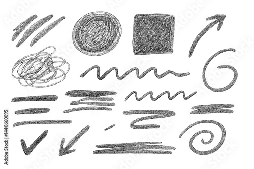 Various abstract pencil sketches showing lines, shapes, and patterns on white background, ideal for design inspiration and creativity