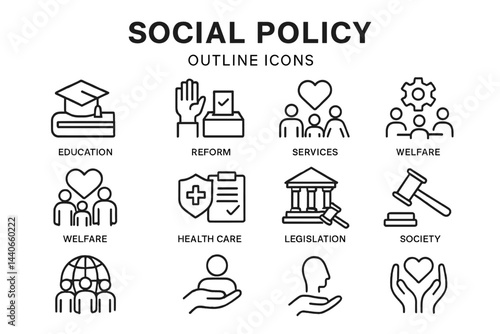 Outline of social policy icons representing key concepts in education, welfare, and legislation in a clear design