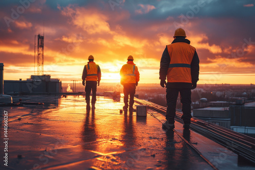 construction workers walking on a roof at sunset.
