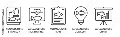 Various icons representing aquaculture strategies and concepts for effective fish farming and monitoring practices