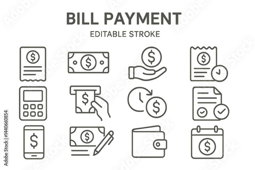 Various elements of bill payment in a modern financial context with icons representing payments and transactions
