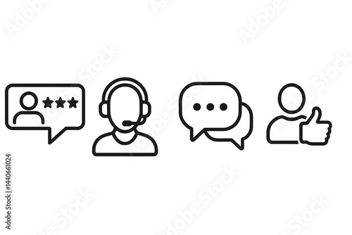 Customer service icons representing feedback, support, communication, and satisfaction in a simplified design