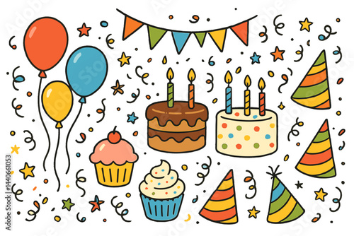 Colorful celebration decorations with cakes, balloons, and party hats for a joyful birthday party atmosphere