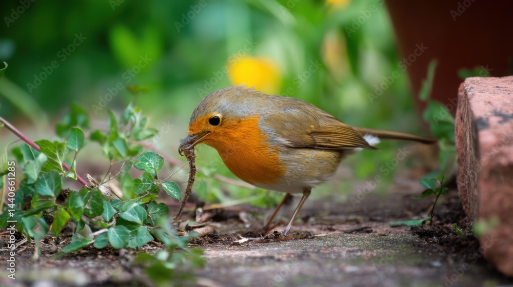 European Robin Foraging Earthworm, Garden Close-up European Robin Foraging Earthworm, Garden Close-up