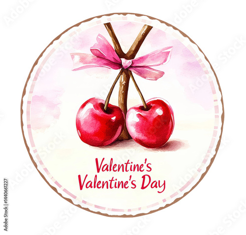 Romantic Cherry Illustration for Valentine's Day Celebration with Bow and Soft Pink Background for Love-Themed Designs and Decorations