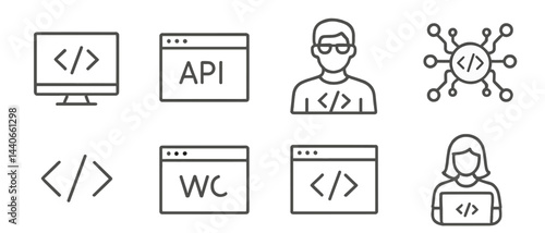 Coding concepts represented through simple line icons showcasing various programming elements and roles