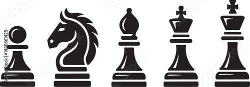 Minimalist Chess Piece Silhouette Icons Collection in Black Vector Style for Board Games, Strategy, and Puzzle Designs