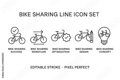Bike sharing concepts and workflows illustrated through minimalist line icons showcasing success and design steps