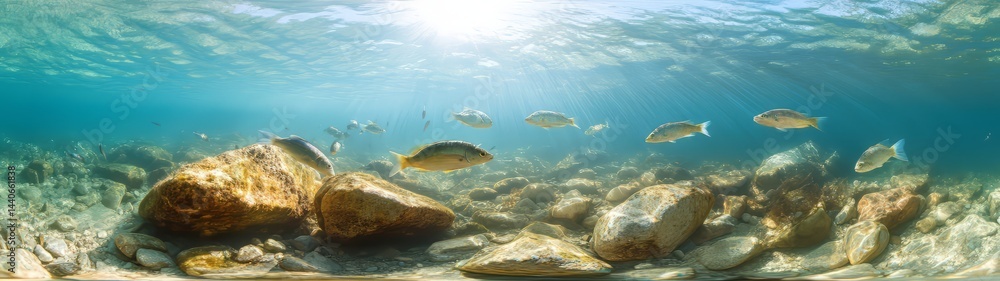 Fototapeta premium Underwater 360 degree hdr scene of fish and rocks marine environment ocean view