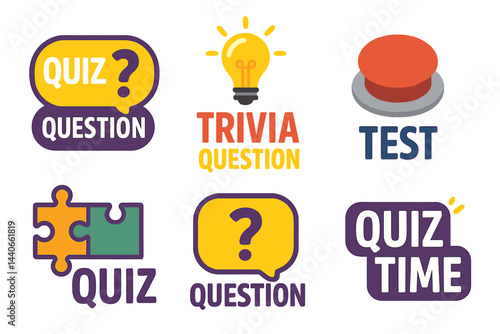 Engaging quiz and trivia design featuring question prompts, a light bulb, a button, and puzzle pieces