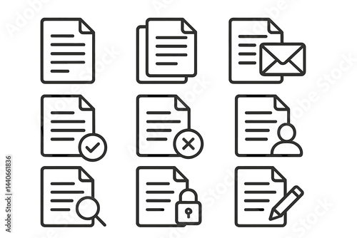 Simple line icons representing documents, email, approval, rejection, and secure data in a minimalist style
