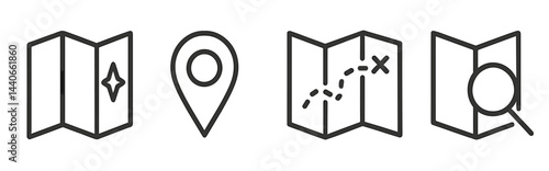 Map icons representing navigation and exploration features with compass, location marker, and treasure map elements