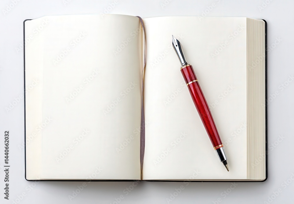 Red fountain pen on open book Red fountain pen on open book