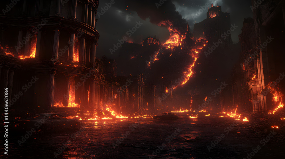 Obraz premium Lava surges through the skeleton of an abandoned city, igniting old buildings and vehicles as it spreads rapidly.