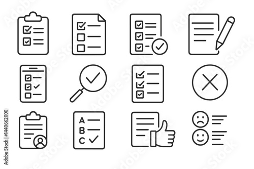 Icons representing tasks, checklists, and evaluation tools for organization and productivity