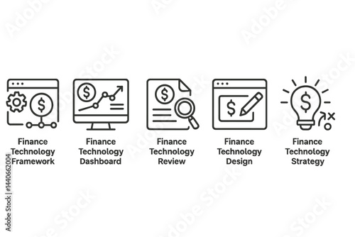 Finance technology icons representing framework, dashboard, review, design, and strategy concepts for financial industry