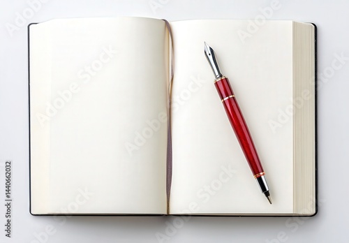 Red fountain pen on open book