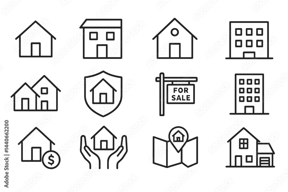 Fototapeta premium Collection of simple line drawings depicting various types of houses, real estate signs, and home-related themes