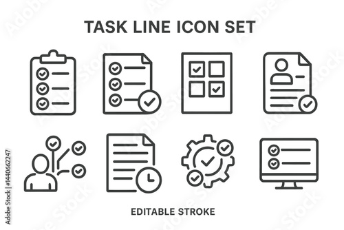 Task line icon set illustrating various documentation and workflow elements for project management and organization