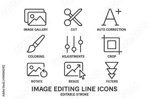 Image editing line icons showing various tools and options for enhancing and adjusting visual media content