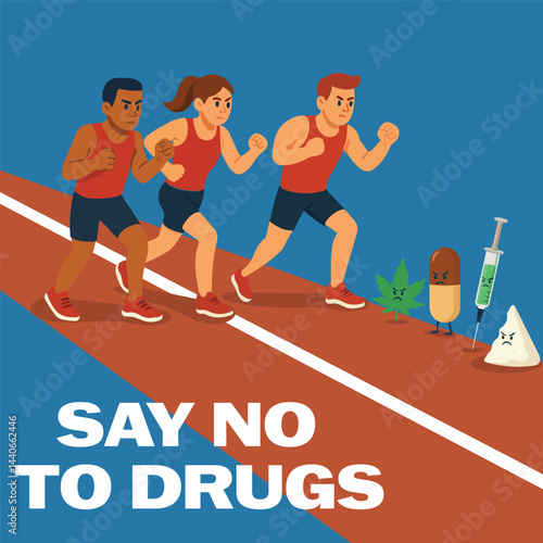 Vector illustration about international day against the spread and use of drugs. On a blue background three sportsmen on a treadmill running past different types of drugs, cocaine, cannabis, heroin, p