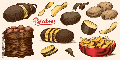 Potatoes and plant hand drawn. Collection of vegetables and chips in a dish and full sack of fresh food. Spud or pratie engraved pieces. Murphy in groups ready to eat