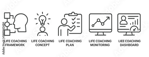 Diverse life coaching concepts tools including framework, planning, monitoring, and dashboard for personal growth sessions