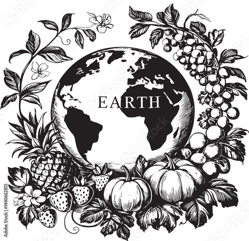 Earth Surrounded By Fresh Fruits And Vegetables Illustration