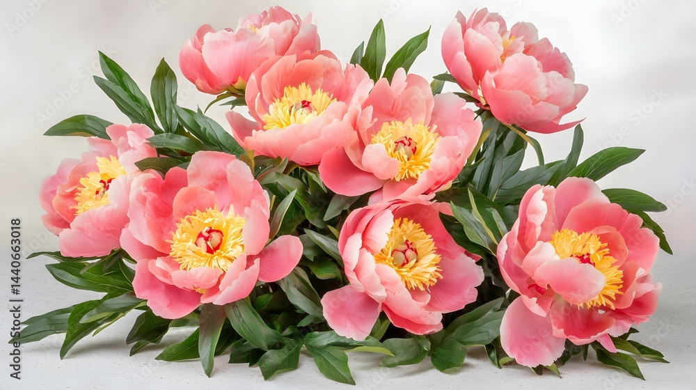 Beautiful Arrangement of Pink Peonies with Yellow Centers and Lush Green Leaves Beautiful Arrangement of Pink Peonies with Yellow Centers and Lush Green Leaves