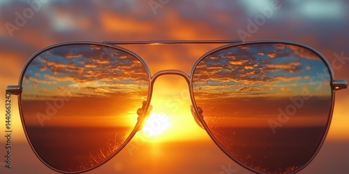 A sunset viewed through a pair of sunglasses, with the sky reflecting in the lenses.