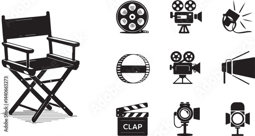 Illustration of Movie Director Chair Icon with Camera and Film Equipment Silhouette Vector for Cinematic, Film Production, and Media Designs